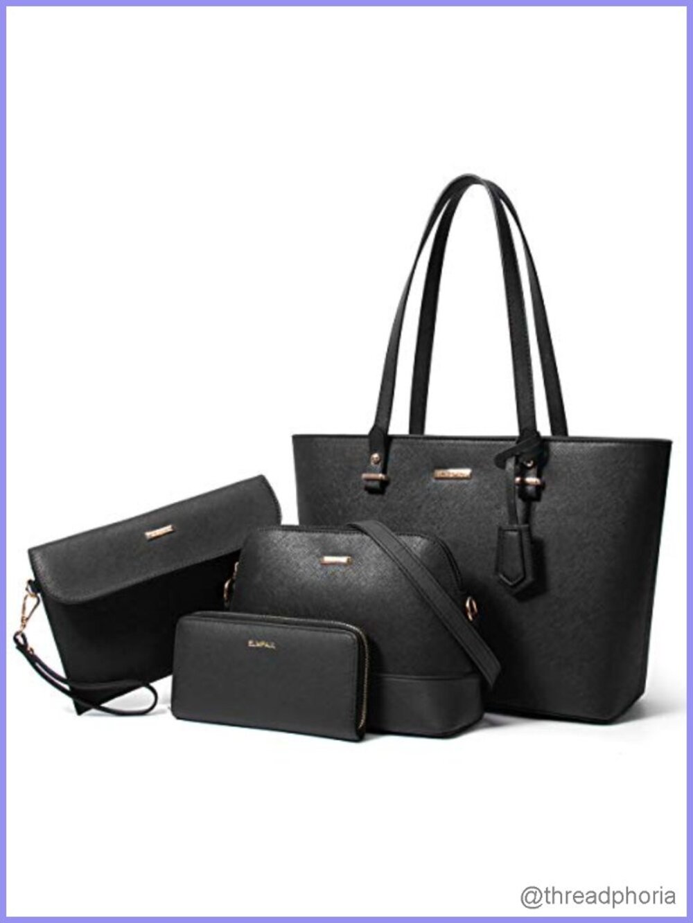 Synthetic Leather Satchel Handbag Set with Wallet Clutch, Card Holder, Top